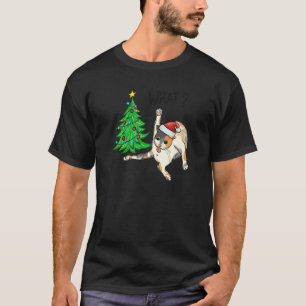 Christmas Cat in Santa Hat Knocks Christmas Tree O T-Shirt