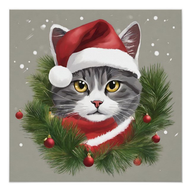 Christmas Cat in Santa Hat Poster (Front)