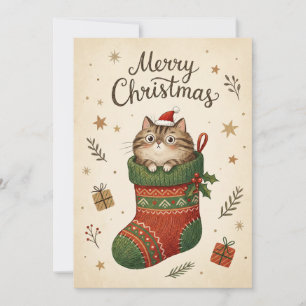 Christmas Cat in Stocking Holiday Card