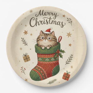 Christmas Cat in Stocking Paper Plate