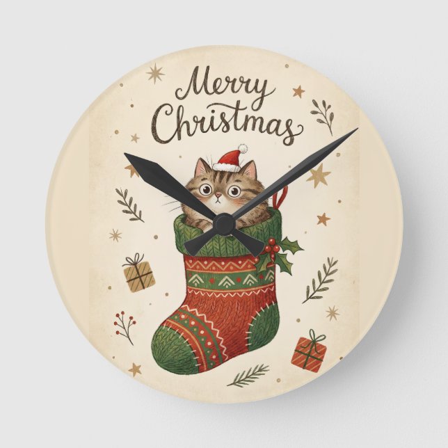 Christmas Cat in Stocking Round Clock (Front)