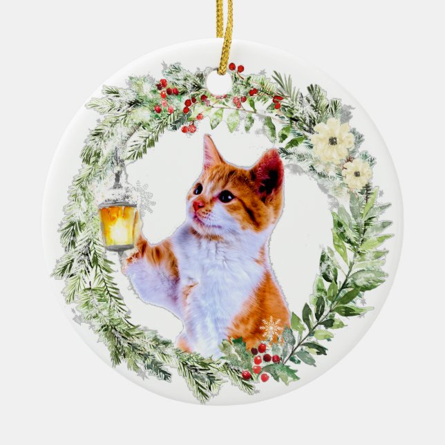 Christmas Cat in Wreath with lantern Personalised Ceramic Tree Decoration (Front)