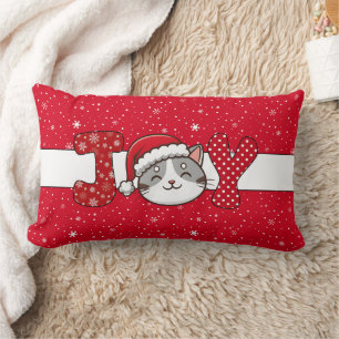 Christmas Cat "JOY" Red White Snowflake & Dots Lumbar Cushion