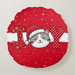 Christmas Cat "JOY" Red White Snowflake & Dots Round Cushion