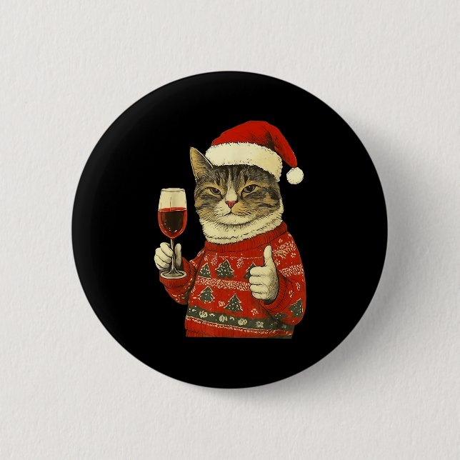 Christmas Cat Likes Cute Cat Drinking Wine With Sa 6 Cm Round Badge (Front)