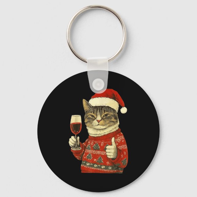 Christmas Cat Likes Cute Cat Drinking Wine With Sa Key Ring (Front)