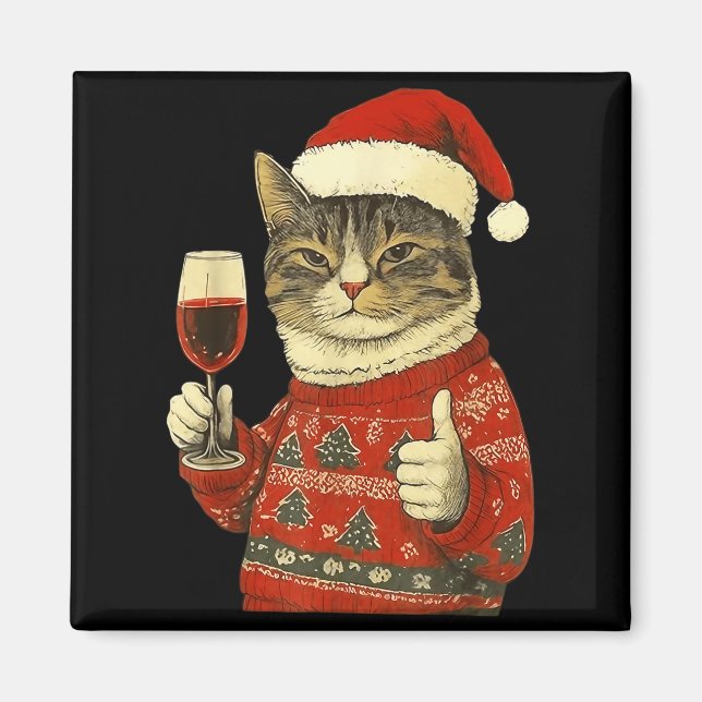 Christmas Cat Likes Cute Cat Drinking Wine With Sa Magnet (Front)