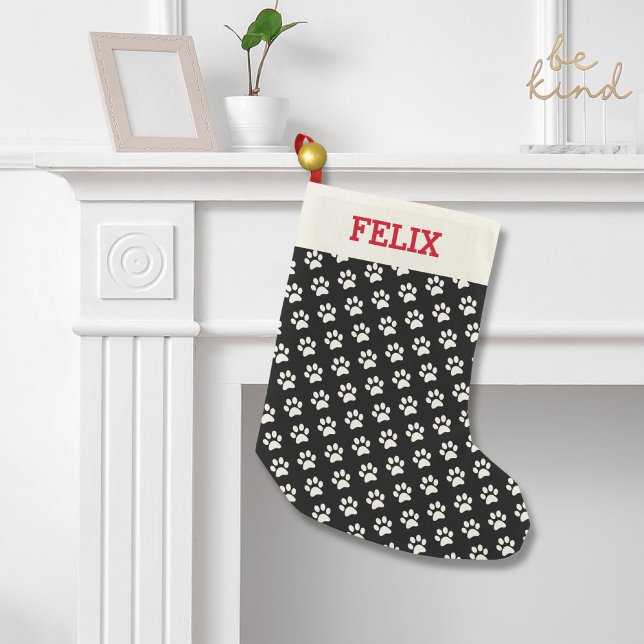 Christmas Cat Name Black Paw Print Personalised Small Christmas Stocking (Creator Uploaded)