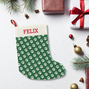 Christmas Cat Name Green Paw Print Personalised Small Christmas Stocking