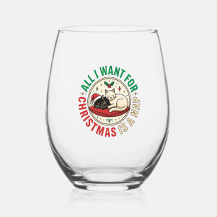 Christmas Cat Nap Holiday Design Stemless Wine Glass