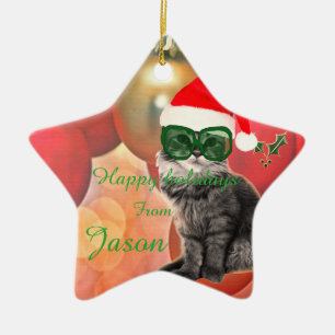 Christmas Cat on a christmas ball background Ceramic Tree Decoration