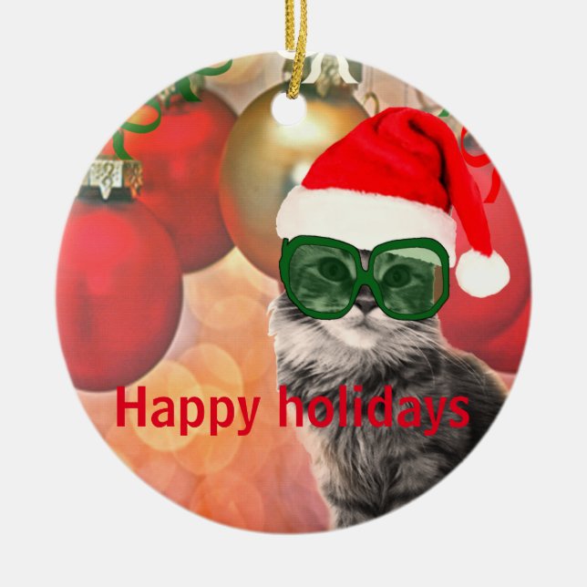 Christmas Cat on a christmas ball background Ceramic Tree Decoration (Front)