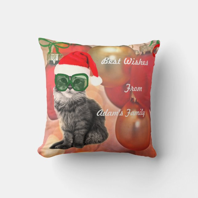 Christmas Cat on baubles background Cushion (Front)