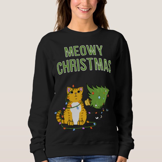 Christmas Cat Orange Tiger Tabby xmas tree kitty c Sweatshirt (Front)