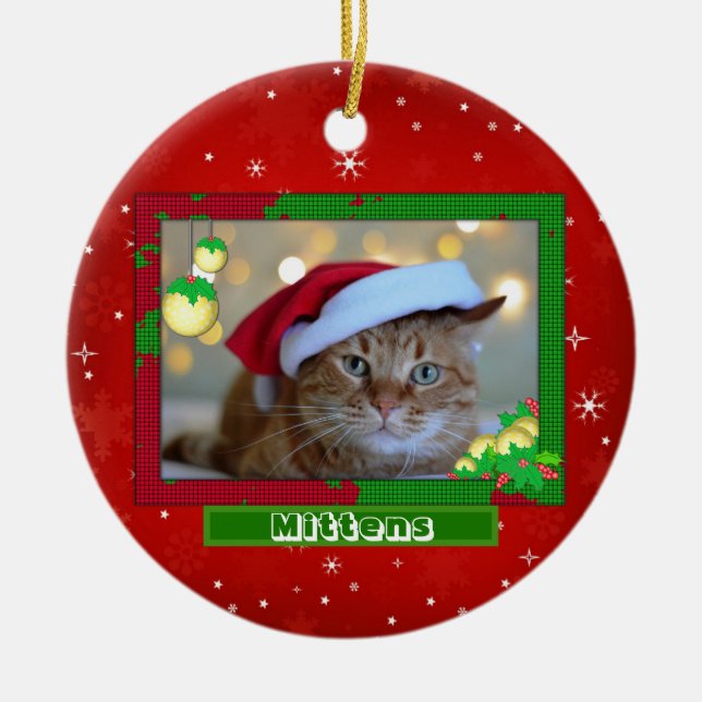 Christmas Cat Pet Photo Name Red Ceramic Tree Decoration (Front)