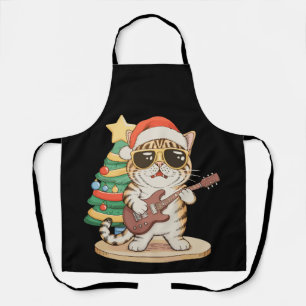 Christmas Cat Playing Guitar Rock Jazz Xmas Hat Apron