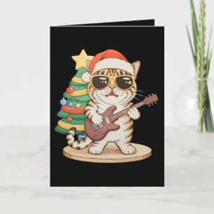 Christmas Cat Playing Guitar Rock Jazz Xmas Hat Card