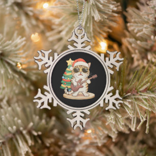 Christmas Cat Playing Guitar Rock Jazz Xmas Hat Snowflake Pewter Christmas Ornament