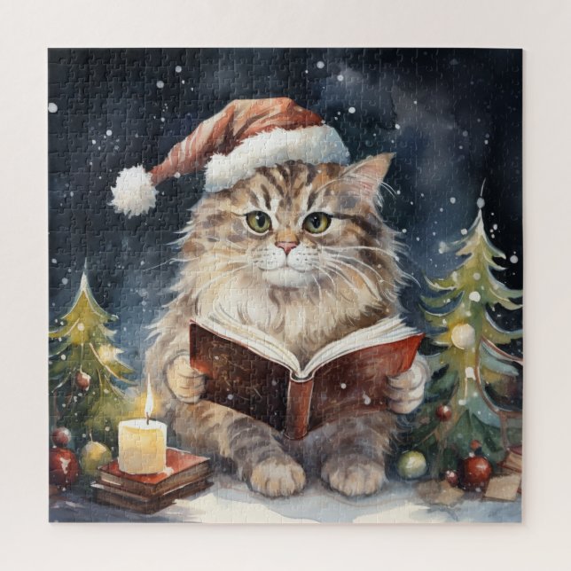 Christmas Cat Reading Vintage Card Jigsaw Puzzle (Vertical)
