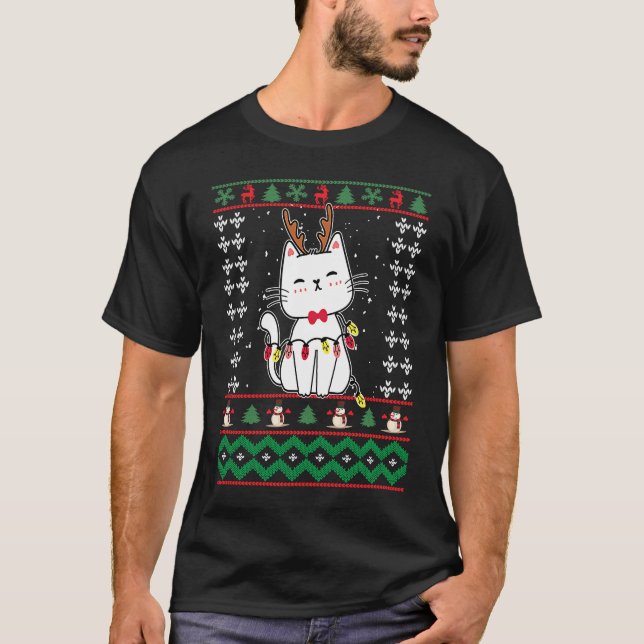 Christmas Cat Reindeer Antlers Cute Cat Ugly Chris T-Shirt (Front)