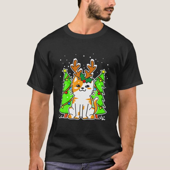 Christmas Cat Reindeer Antlers Gift For Men Women T-Shirt (Front)