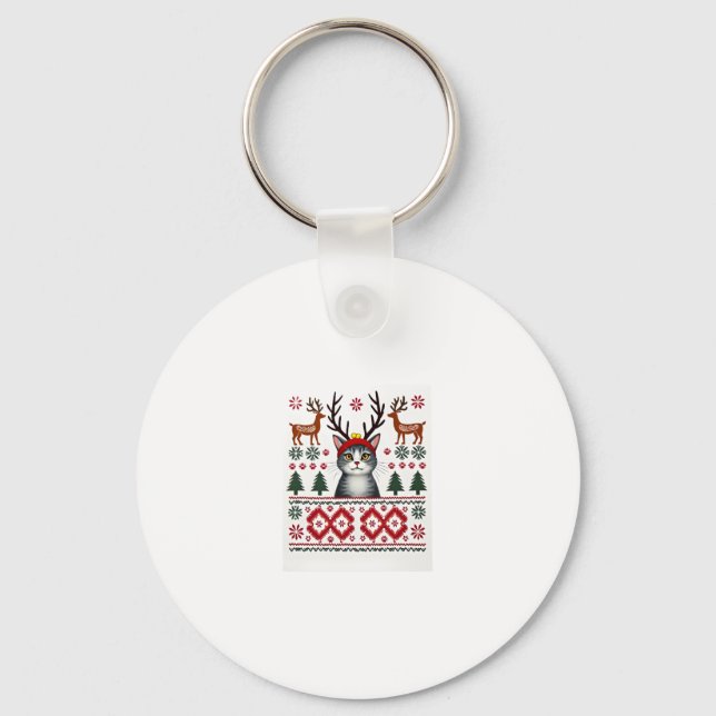 Christmas Cat Reindeer Ugly Christmas Sweater T-Sh Key Ring (Front)