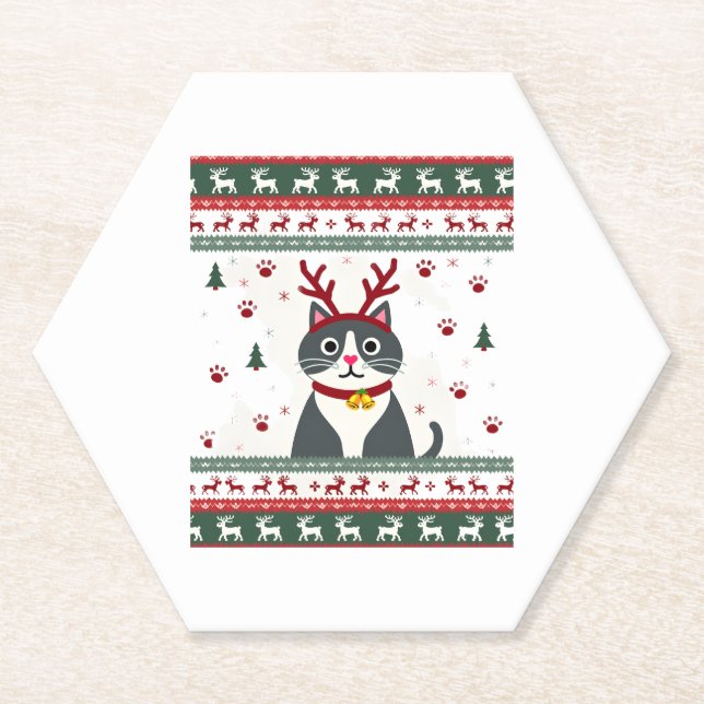 Christmas Cat Reindeer Ugly Christmas Sweater T-Sh Paper Coaster (Front)
