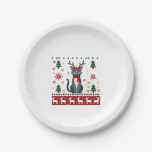 Christmas Cat Reindeer Ugly Christmas Sweater T-Sh Paper Plate