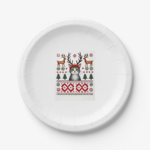 Christmas Cat Reindeer Ugly Christmas Sweater T-Sh Paper Plate
