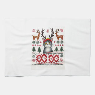 Christmas Cat Reindeer Ugly Christmas Sweater T-Sh Tea Towel
