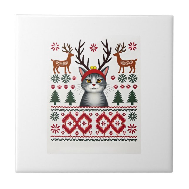 Christmas Cat Reindeer Ugly Christmas Sweater T-Sh Tile (Front)