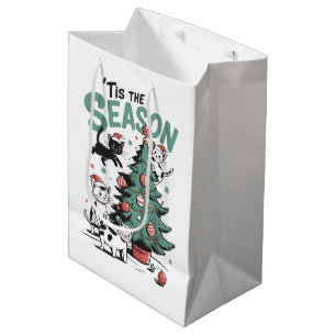 Christmas Cat Retro Tis The Season Meowy Catmas  Medium Gift Bag