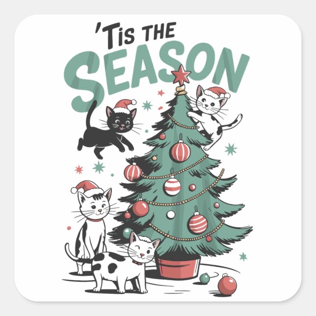 Christmas Cat Retro Tis The Season Meowy Catmas  Square Sticker (Front)