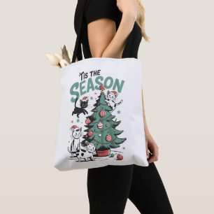 Christmas Cat Retro Tis The Season Meowy Catmas Tote Bag