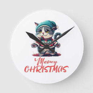 Christmas Cat Round Clock