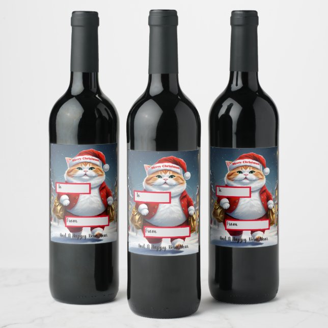 Christmas Cat Santa, Christmas Wine Label (Bottles)
