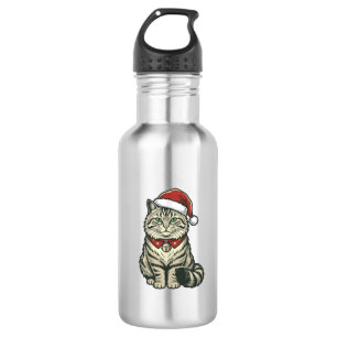 Christmas Cat Santa Hat Vintage Engraving Design_1 532 Ml Water Bottle