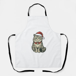 Christmas Cat Santa Hat Vintage Engraving Design_1 Apron