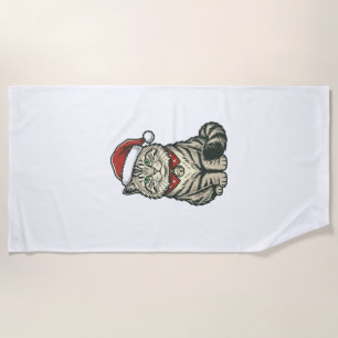 Christmas Cat Santa Hat Vintage Engraving Design_1 Beach Towel
