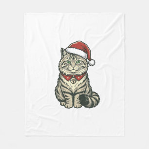Christmas Cat Santa Hat Vintage Engraving Design_1 Fleece Blanket
