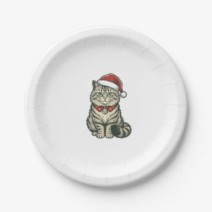 Christmas Cat Santa Hat Vintage Engraving Design_1 Paper Plate