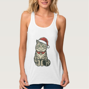 Christmas Cat Santa Hat Vintage Engraving Design_1 Singlet