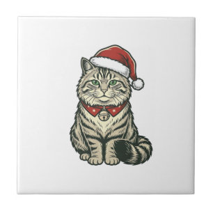 Christmas Cat Santa Hat Vintage Engraving Design_1 Tile