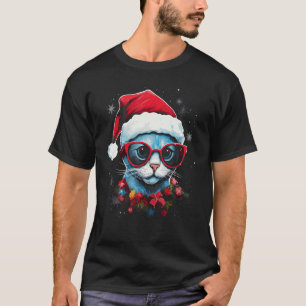 Christmas Cat Santa Hat Xmas Holiday Apparel T-Shirt