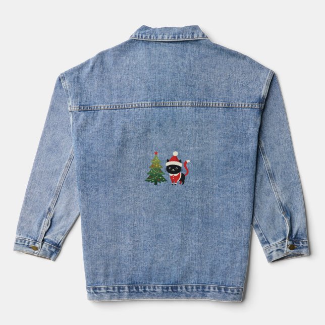 Christmas Cat Santa Tree Vector Denim Jacket (Back)