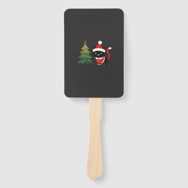 Christmas Cat Santa Tree Vector Hand Fan (Front)