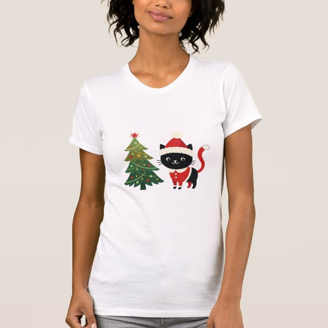 Christmas Cat Santa Tree Vector T-Shirt (Front)