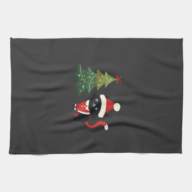 Christmas Cat Santa Tree Vector Tea Towel (Horizontal)