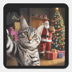 Christmas Cat Selfie with Santa Claus Cute Holiday Square Sticker