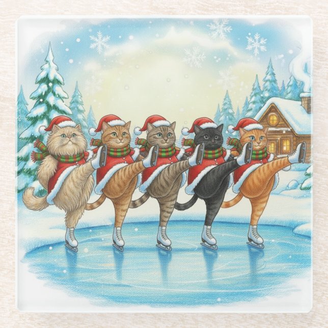 Christmas Cat Skaters, Glass Coaster (Front)